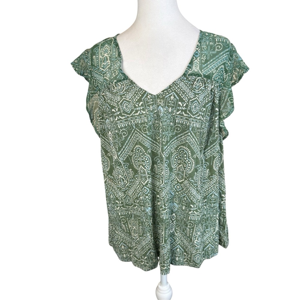 Lucky Brand Green Paisley Print Flutter Sleeve Top Boho Blouse Large - Picture 2 of 8